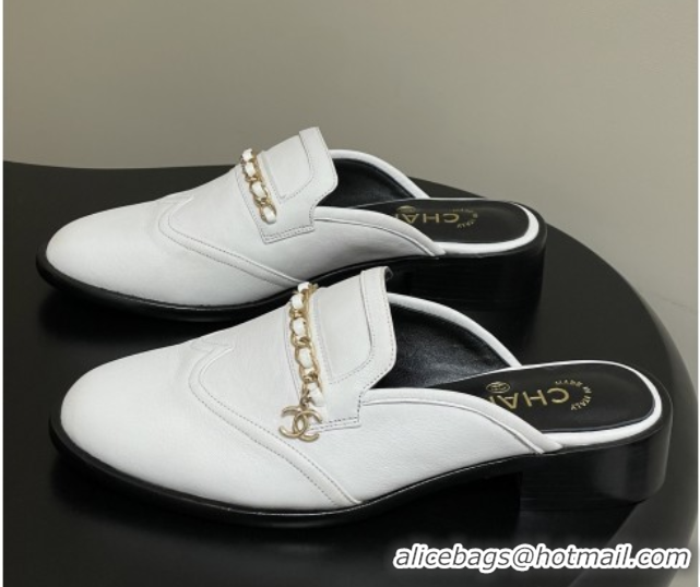 Charming Chanel Calfskin Mules with Chain CH9344 White