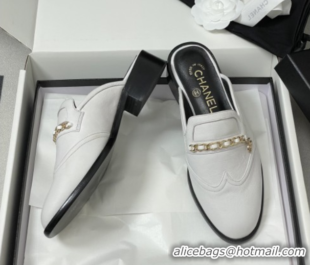 Charming Chanel Calfskin Mules with Chain CH9344 White