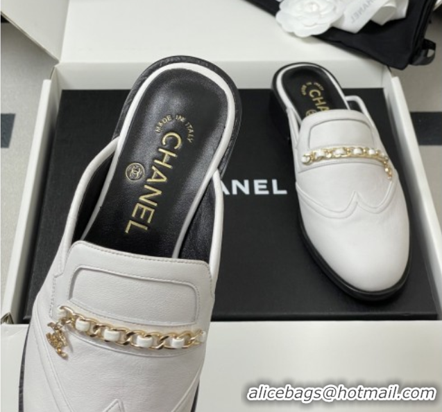 Charming Chanel Calfskin Mules with Chain CH9344 White