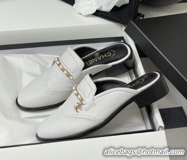 Charming Chanel Calfskin Mules with Chain CH9344 White
