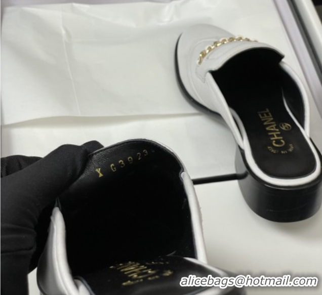 Charming Chanel Calfskin Mules with Chain CH9344 White
