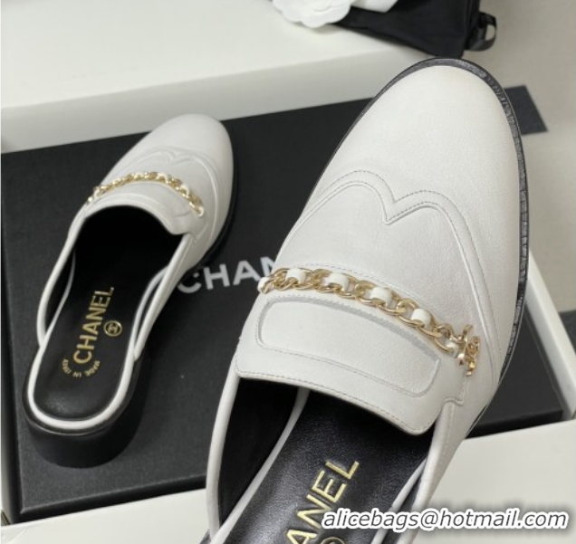Charming Chanel Calfskin Mules with Chain CH9344 White