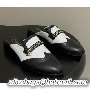 Grade Chanel Calfskin Mules with Chain CH9347 Black/White