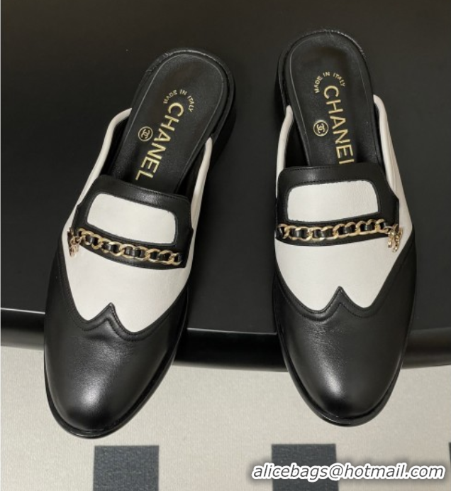 Grade Chanel Calfskin Mules with Chain CH9347 Black/White