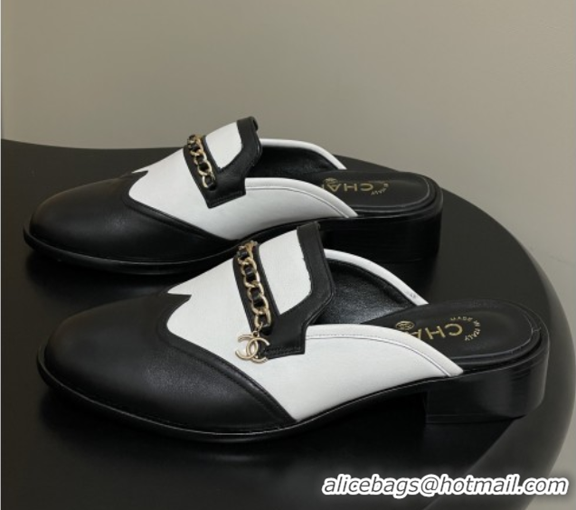 Grade Chanel Calfskin Mules with Chain CH9347 Black/White