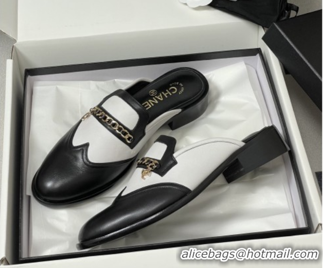 Grade Chanel Calfskin Mules with Chain CH9347 Black/White