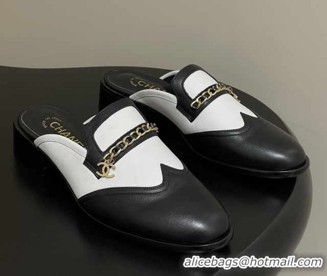 Grade Chanel Calfskin Mules with Chain CH9347 Black/White