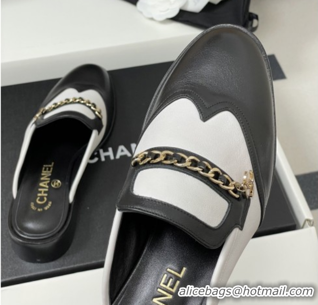 Grade Chanel Calfskin Mules with Chain CH9347 Black/White