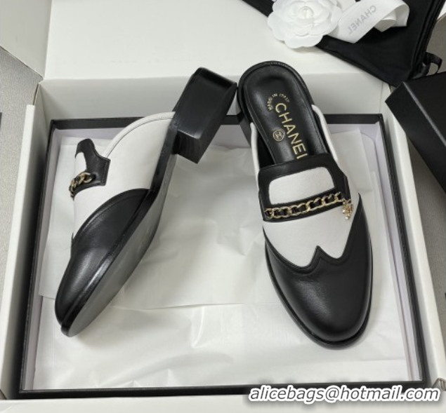 Grade Chanel Calfskin Mules with Chain CH9347 Black/White