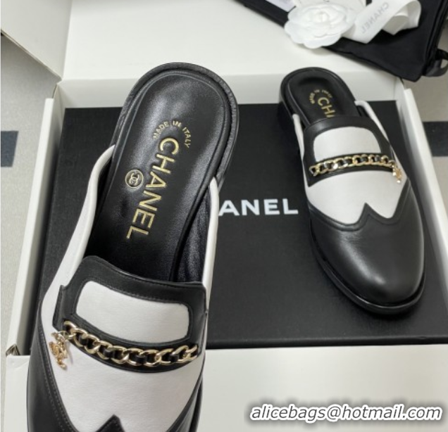 Grade Chanel Calfskin Mules with Chain CH9347 Black/White