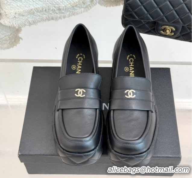 Buy Luxury Chanel Lambskin Platform Loafers CH91301 Black