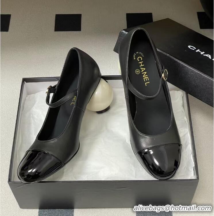 Buy Cheap Chanel Mary Jane Patent Leather With Costume Pearl Heel 8.5cm G46775 Black