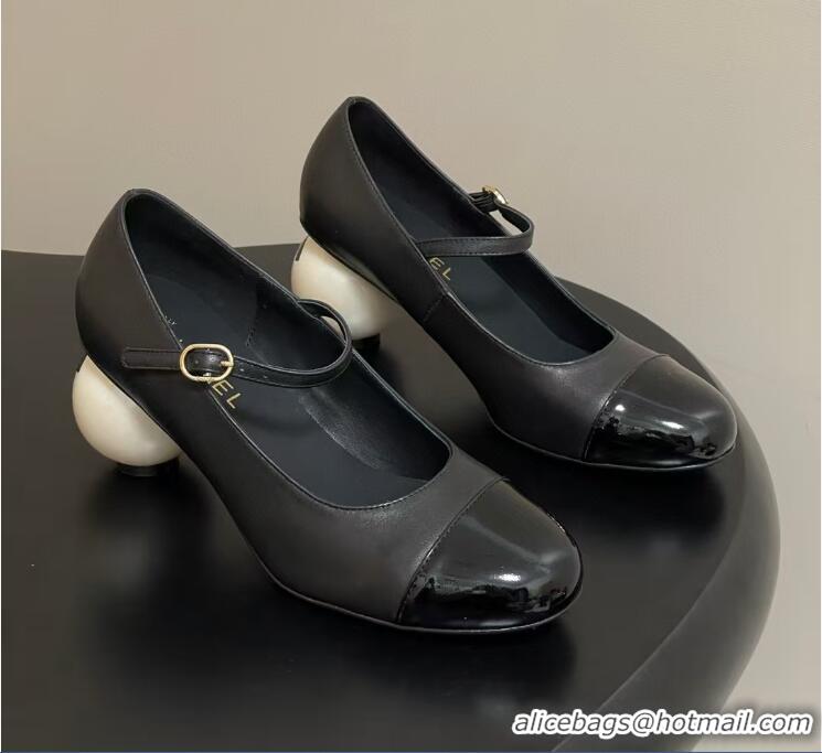 Buy Cheap Chanel Mary Jane Patent Leather With Costume Pearl Heel 8.5cm G46775 Black