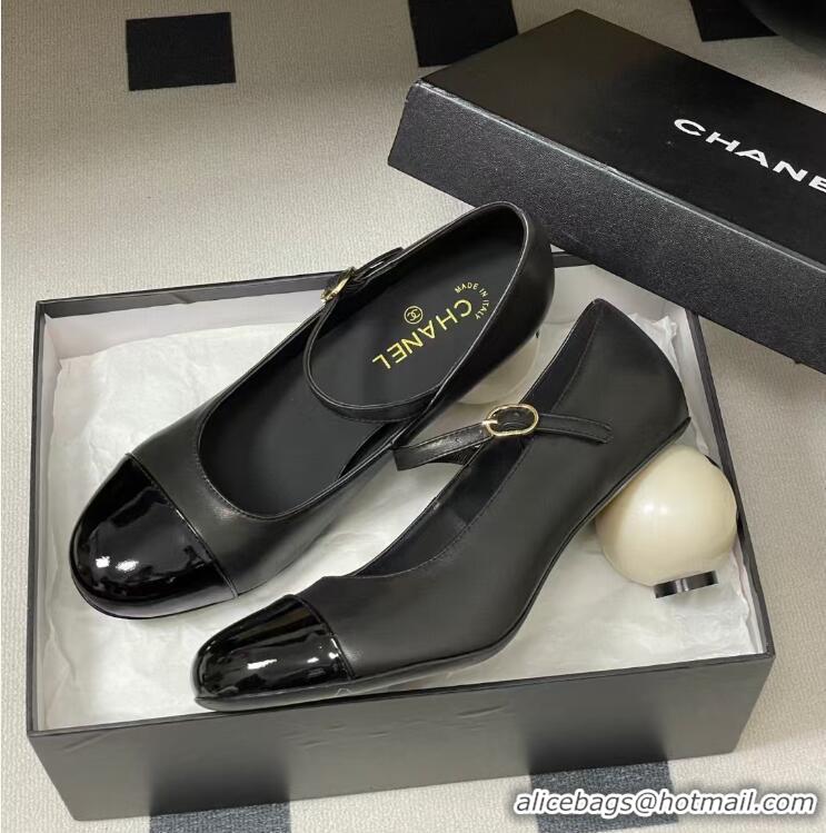 Buy Cheap Chanel Mary Jane Patent Leather With Costume Pearl Heel 8.5cm G46775 Black