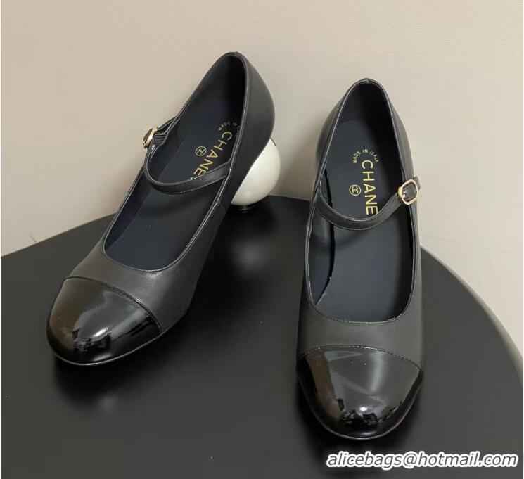 Buy Cheap Chanel Mary Jane Patent Leather With Costume Pearl Heel 8.5cm G46775 Black