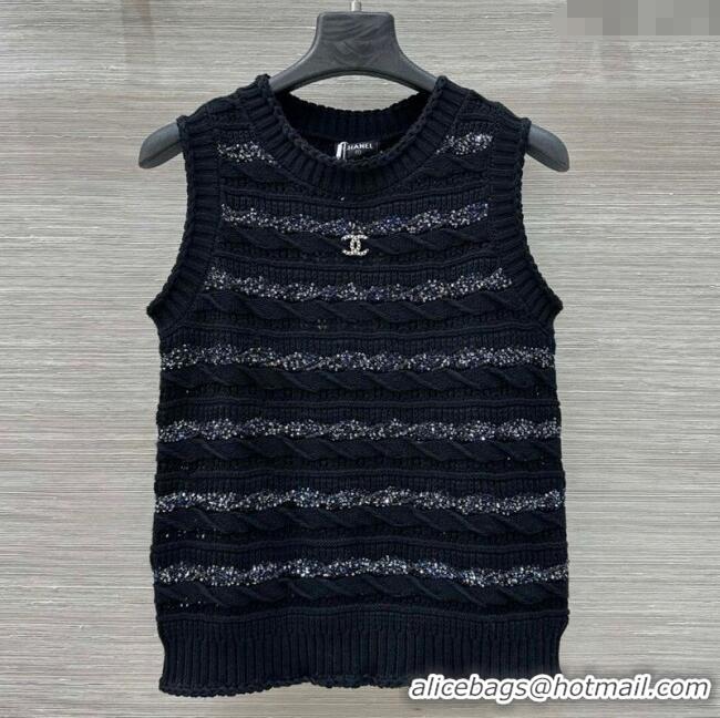 Promotional Chanel Wool Knit Vest with Silver-Tone Sequins CH061211 Black 2025