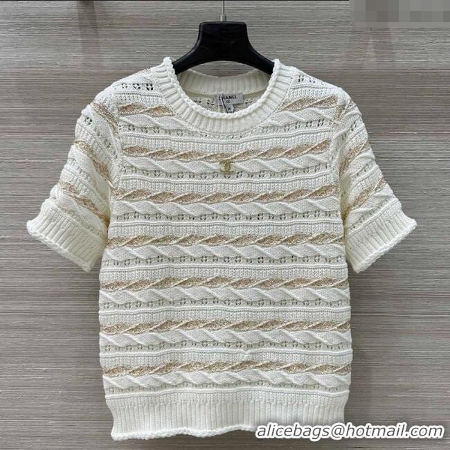 Shop Grade Chanel Wool Knit Top with Gold-Tone Sequins CH061211 White 2025