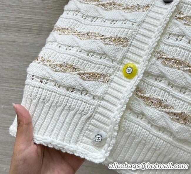 Top Design Chanel Wool Knit Cardigan with Gold-Tone Sequins CH061211 White 2025