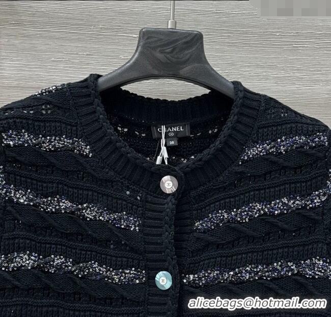 ​Good Quality Chanel Wool Knit Cardigan with Silver-Tone Sequins CH061211 Black 2025