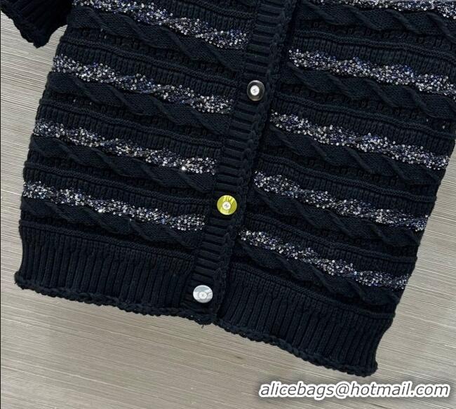 ​Good Quality Chanel Wool Knit Cardigan with Silver-Tone Sequins CH061211 Black 2025