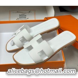 Best Product Hermes Oran Classic Flat Slides Sandal in Palm-Grained Calfskin White 0819001