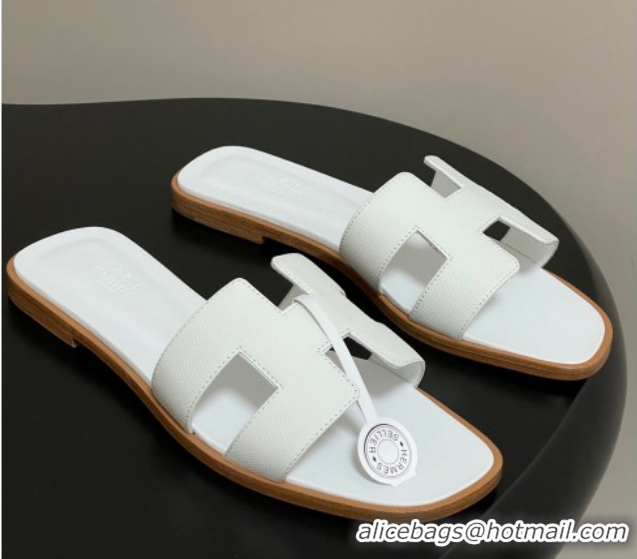 Best Product Hermes Oran Classic Flat Slides Sandal in Palm-Grained Calfskin White 0819001