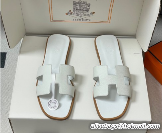 Best Product Hermes Oran Classic Flat Slides Sandal in Palm-Grained Calfskin White 0819001