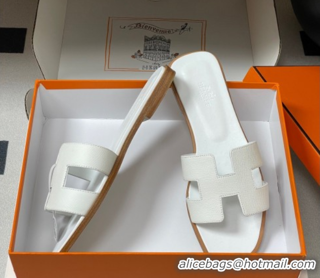 Best Product Hermes Oran Classic Flat Slides Sandal in Palm-Grained Calfskin White 0819001