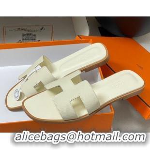 Buy Discount Hermes Oran Classic Flat Slides Sandal in Palm-Grained Calfskin Pale Yellow 0819002