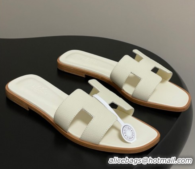 Buy Discount Hermes Oran Classic Flat Slides Sandal in Palm-Grained Calfskin Pale Yellow 0819002