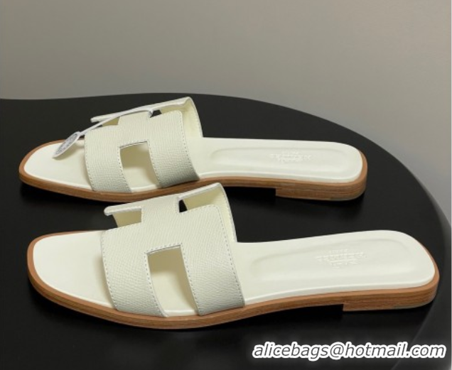 Buy Discount Hermes Oran Classic Flat Slides Sandal in Palm-Grained Calfskin Pale Yellow 0819002