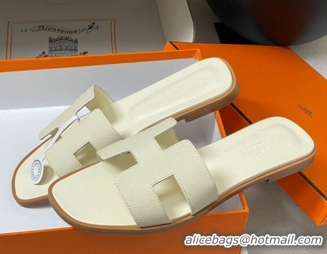 Buy Discount Hermes Oran Classic Flat Slides Sandal in Palm-Grained Calfskin Pale Yellow 0819002
