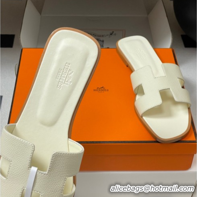 Buy Discount Hermes Oran Classic Flat Slides Sandal in Palm-Grained Calfskin Pale Yellow 0819002