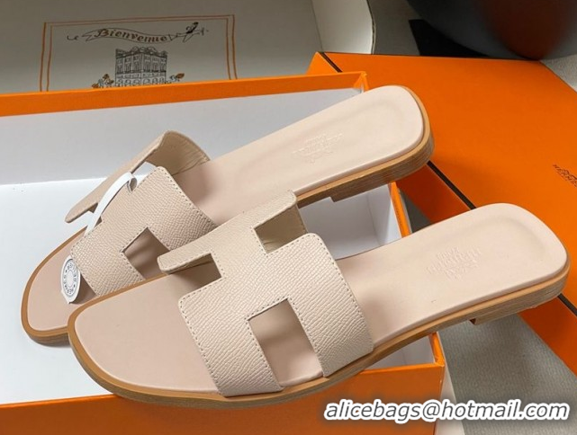 Good Looking Hermes Oran Classic Flat Slides Sandal in Palm-Grained Calfskin Nude 0819003