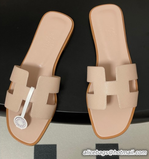 Good Looking Hermes Oran Classic Flat Slides Sandal in Palm-Grained Calfskin Nude 0819003