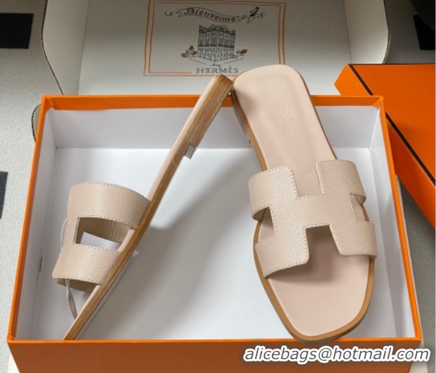 Good Looking Hermes Oran Classic Flat Slides Sandal in Palm-Grained Calfskin Nude 0819003