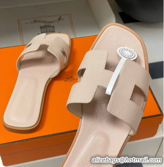 Good Looking Hermes Oran Classic Flat Slides Sandal in Palm-Grained Calfskin Nude 0819003