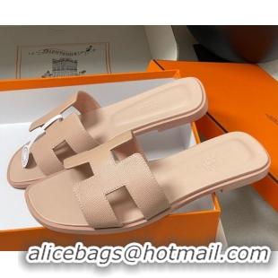 Popular Style Hermes Oran Classic Flat Slides Sandal in Palm-Grained Calfskin Beige 0819005