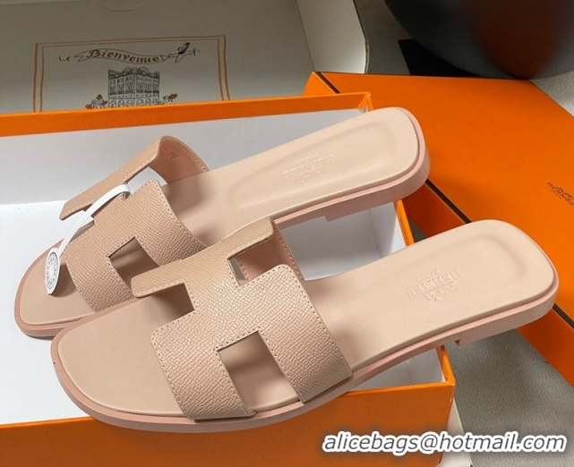 Popular Style Hermes Oran Classic Flat Slides Sandal in Palm-Grained Calfskin Beige 0819005