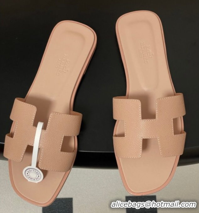 Popular Style Hermes Oran Classic Flat Slides Sandal in Palm-Grained Calfskin Beige 0819005