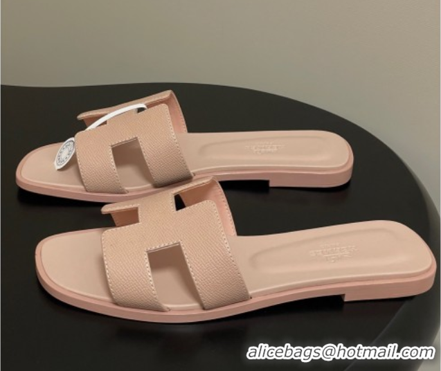 Popular Style Hermes Oran Classic Flat Slides Sandal in Palm-Grained Calfskin Beige 0819005