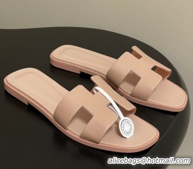 Popular Style Hermes Oran Classic Flat Slides Sandal in Palm-Grained Calfskin Beige 0819005