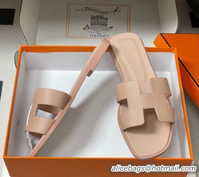 Popular Style Hermes Oran Classic Flat Slides Sandal in Palm-Grained Calfskin Beige 0819005