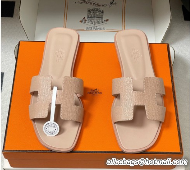 Popular Style Hermes Oran Classic Flat Slides Sandal in Palm-Grained Calfskin Beige 0819005