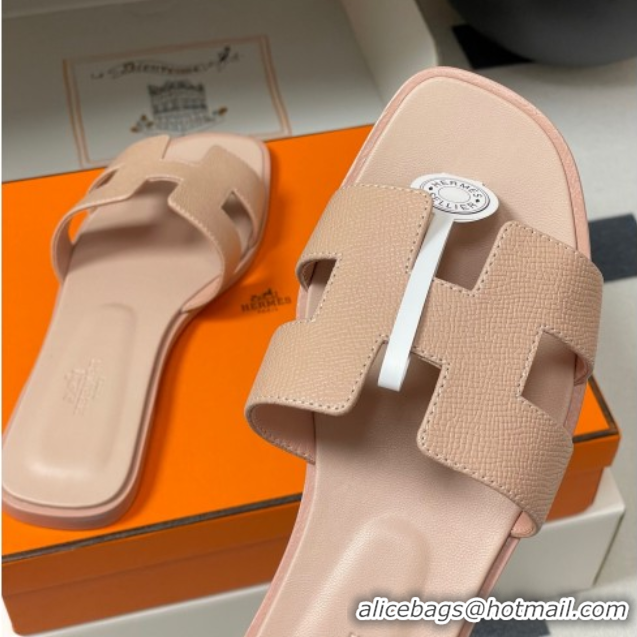 Popular Style Hermes Oran Classic Flat Slides Sandal in Palm-Grained Calfskin Beige 0819005