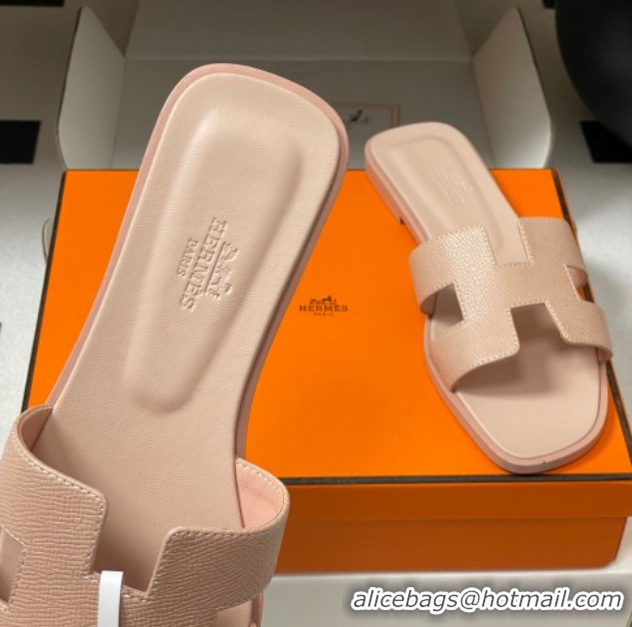 Popular Style Hermes Oran Classic Flat Slides Sandal in Palm-Grained Calfskin Beige 0819005
