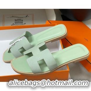 Purchase Hermes Oran Classic Flat Slides Sandal in Palm-Grained Calfskin Light Green 0819006