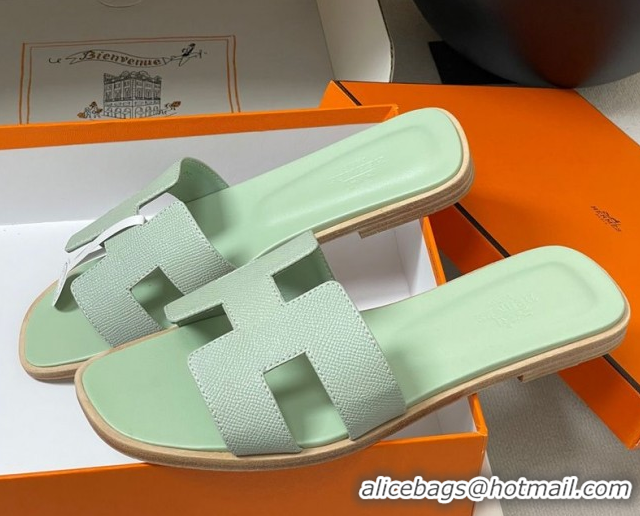 Purchase Hermes Oran Classic Flat Slides Sandal in Palm-Grained Calfskin Light Green 0819006
