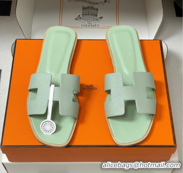 Purchase Hermes Oran Classic Flat Slides Sandal in Palm-Grained Calfskin Light Green 0819006