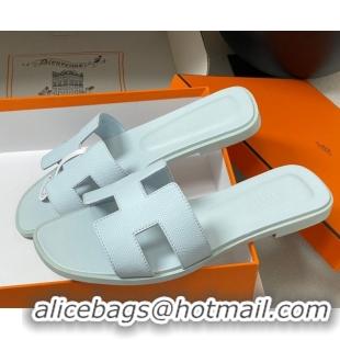 Top Grade Hermes Oran Classic Flat Slides Sandal in Palm-Grained Calfskin Light Blue 0819007